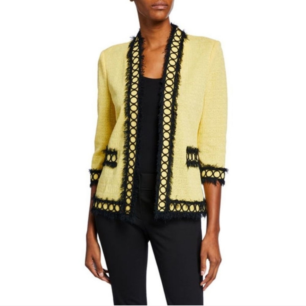 Misook yellow black knit cardigan blazer jacket Size Large Open Front Black Ring